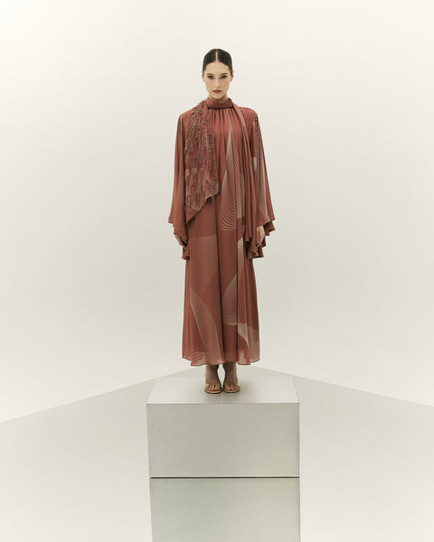 CORAL PRINTED CHIFFON LOOSE FIT DRESS WITH LASER CUT EMBROIDERY