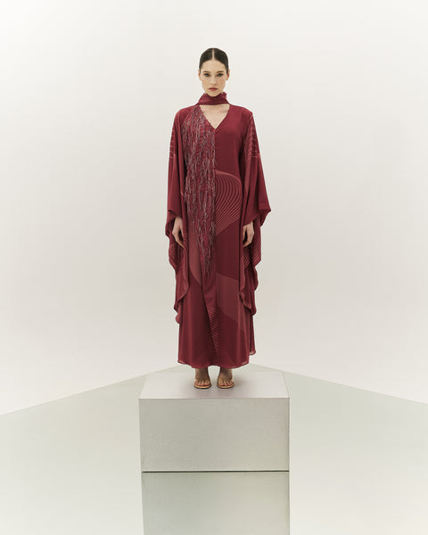 ASYMMETRIC DARK PINK PRINTED CHIFFON LOOSE FIT DRESS WITH LASER CUT EMBROIDERY