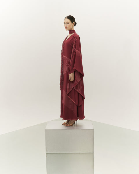 ASYMMETRIC DARK PINK PRINTED CHIFFON LOOSE FIT DRESS WITH LASER CUT EMBROIDERY