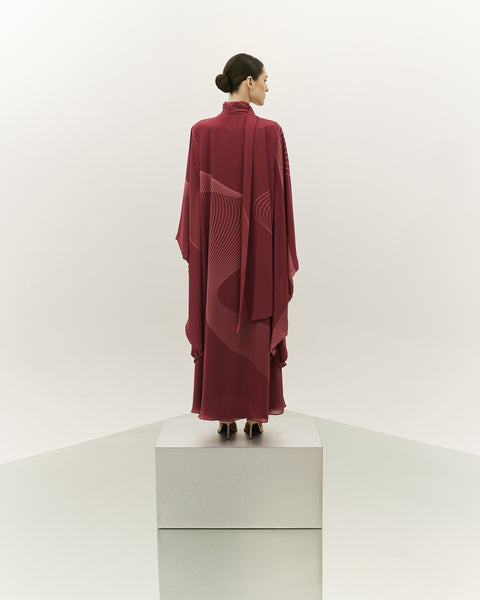 ASYMMETRIC DARK PINK PRINTED CHIFFON LOOSE FIT DRESS WITH LASER CUT EMBROIDERY