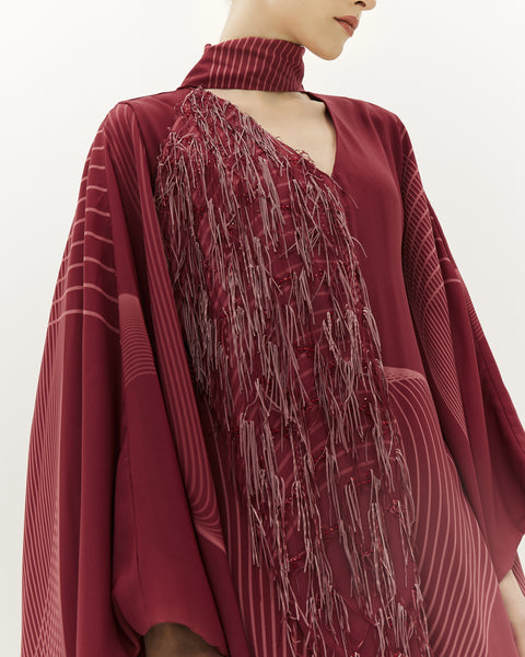 ASYMMETRIC DARK PINK PRINTED CHIFFON LOOSE FIT DRESS WITH LASER CUT EMBROIDERY