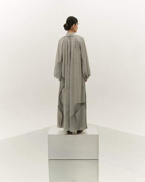 LIGHT GREY RAGLAN SLEEVED LOOSE-FIT PRINTED CHIFFON DRESS WITH EMBROIDERED COLLAR