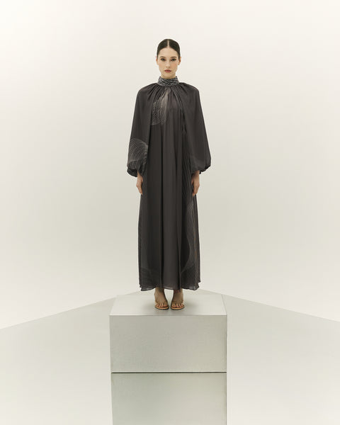 DARK GREY RAGLAN SLEEVED LOOSE-FIT PRINTED CHIFFON DRESS WITH EMBROIDERED COLLAR