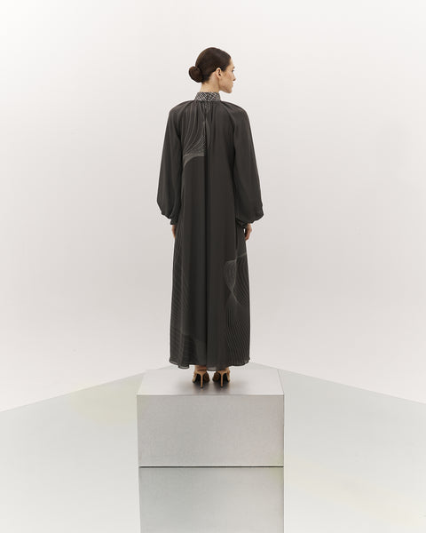 DARK GREY RAGLAN SLEEVED LOOSE-FIT PRINTED CHIFFON DRESS WITH EMBROIDERED COLLAR