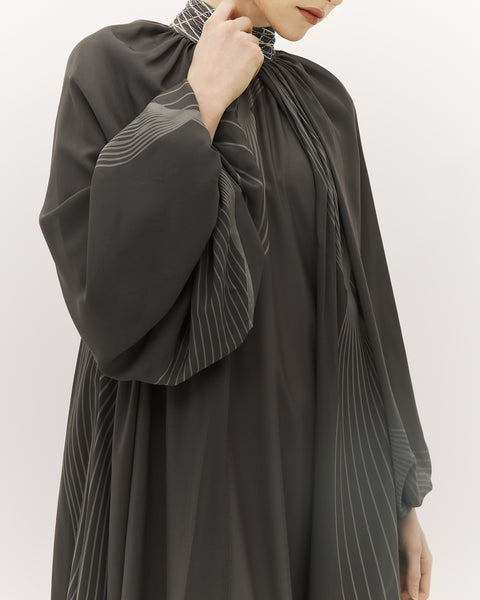 DARK GREY RAGLAN SLEEVED LOOSE-FIT PRINTED CHIFFON DRESS WITH EMBROIDERED COLLAR