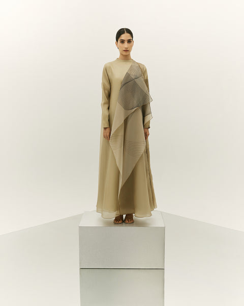 LIGHT YELLOW ORGANZA DRESS WITH PRINTED OVERLAY