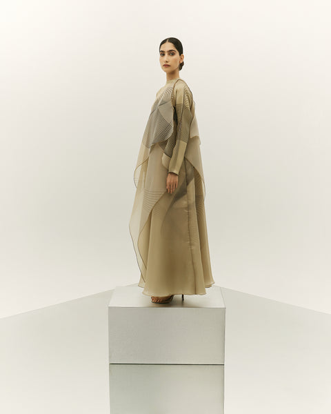 LIGHT YELLOW ORGANZA DRESS WITH PRINTED OVERLAY