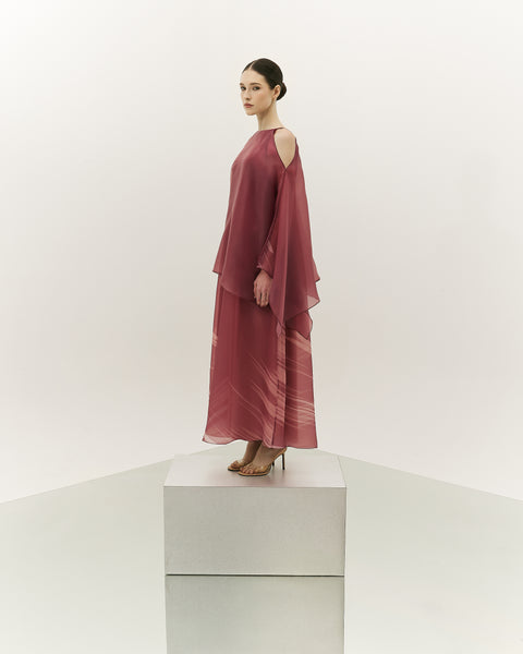 PINK ASYMMETRIC ORGANZA LAYERED LOOSE FIT PRINTED DRESS