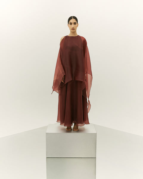 BURNT ORANGE ASYMMETRIC ORGANZA LAYERED LOOSE FIT PRINTED DRESS