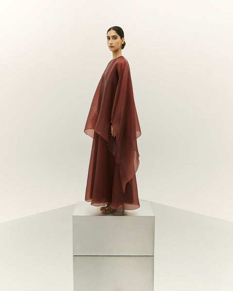 BURNT ORANGE ASYMMETRIC ORGANZA LAYERED LOOSE FIT PRINTED DRESS