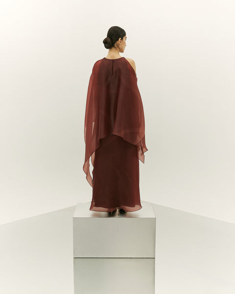 BURNT ORANGE ASYMMETRIC ORGANZA LAYERED LOOSE FIT PRINTED DRESS