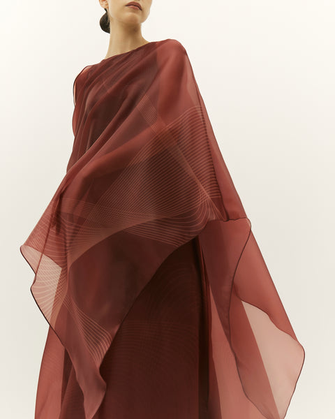 BURNT ORANGE ASYMMETRIC ORGANZA LAYERED LOOSE FIT PRINTED DRESS