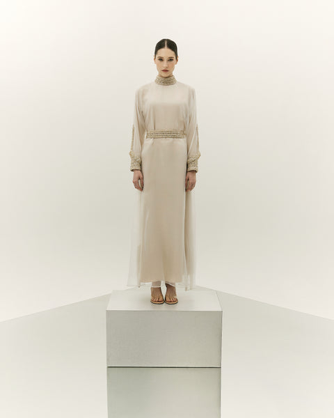 BEIGE EMBROIDERED ORGANZA AND CREPE THOUB WITH EMBROIDERED BELT