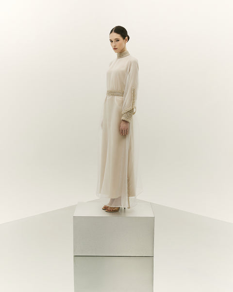 BEIGE EMBROIDERED ORGANZA AND CREPE THOUB WITH EMBROIDERED BELT