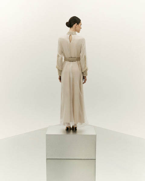BEIGE EMBROIDERED ORGANZA AND CREPE THOUB WITH EMBROIDERED BELT