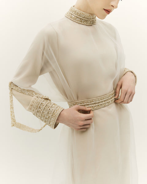 BEIGE EMBROIDERED ORGANZA AND CREPE THOUB WITH EMBROIDERED BELT