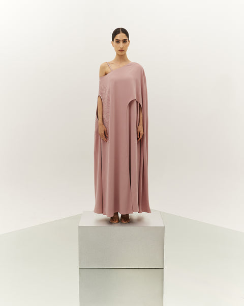 LIGHT PINK CREPE ASYMMETRIC OVERLAY LOOSE FIT DRESS WITH EMBROIDERY