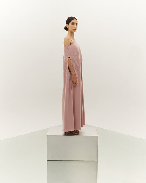 LIGHT PINK CREPE ASYMMETRIC OVERLAY LOOSE FIT DRESS WITH EMBROIDERY