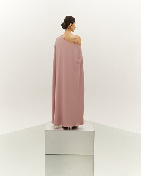 LIGHT PINK CREPE ASYMMETRIC OVERLAY LOOSE FIT DRESS WITH EMBROIDERY
