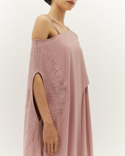 LIGHT PINK CREPE ASYMMETRIC OVERLAY LOOSE FIT DRESS WITH EMBROIDERY