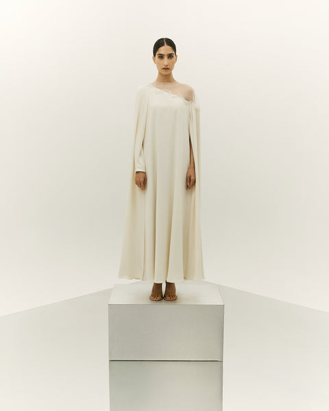 OFF WHITE CREPE LOOSE FIT DRESS WITH CAPE AND EMBROIDERY
