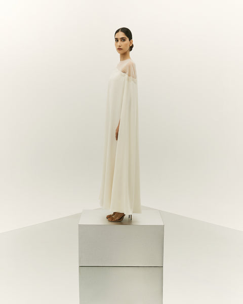 OFF WHITE CREPE LOOSE FIT DRESS WITH CAPE AND EMBROIDERY