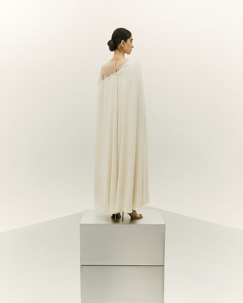 OFF WHITE CREPE LOOSE FIT DRESS WITH CAPE AND EMBROIDERY