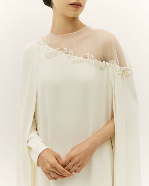OFF WHITE CREPE LOOSE FIT DRESS WITH CAPE AND EMBROIDERY