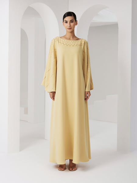 YELLOW HAND EMBROIDERED FLARED SLEEVED DRESS