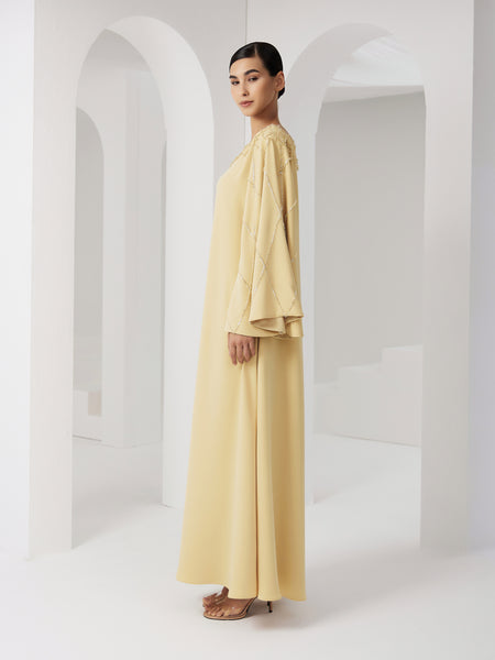 YELLOW HAND EMBROIDERED FLARED SLEEVED DRESS