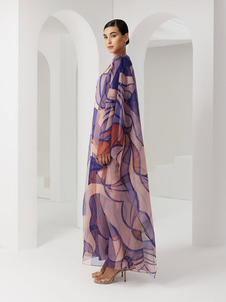 MULTICOLOR ASYMMETRIC PRINTED AND EMBROIDERED COLLAR DRESS