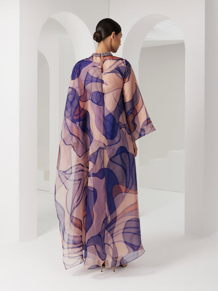 MULTICOLOR ASYMMETRIC PRINTED AND EMBROIDERED COLLAR DRESS