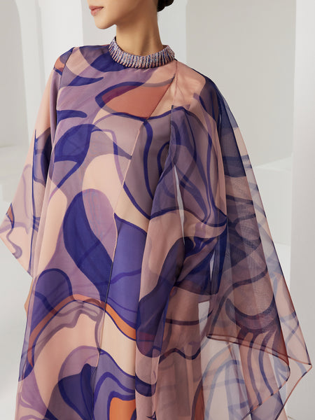 MULTICOLOR ASYMMETRIC PRINTED AND EMBROIDERED COLLAR DRESS