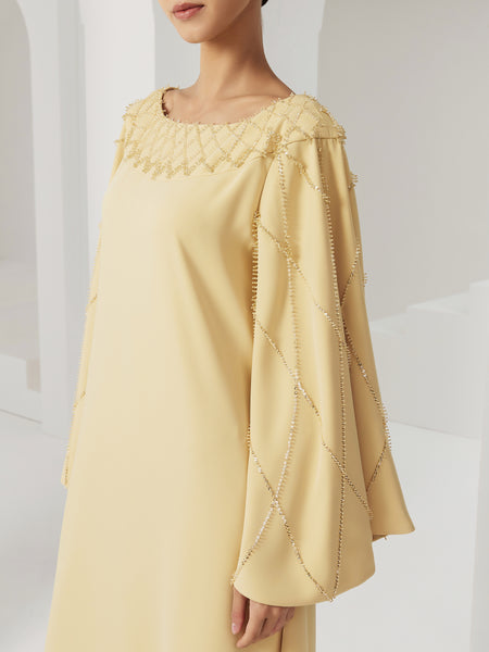 YELLOW HAND EMBROIDERED FLARED SLEEVED DRESS