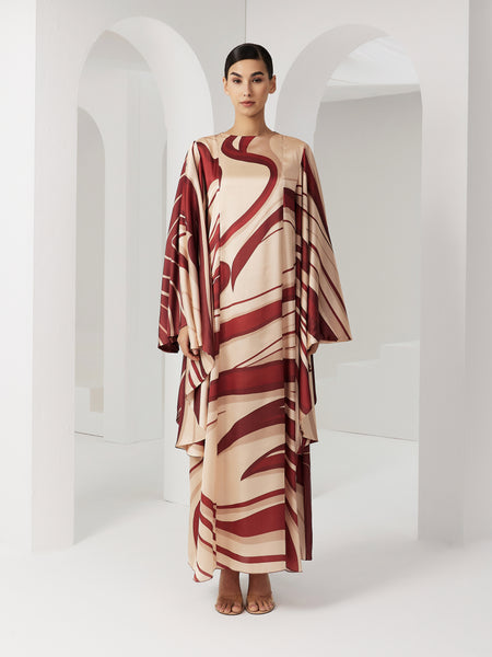 MULTI-PRINTED SATIN FLARED SLEEVE DRESS