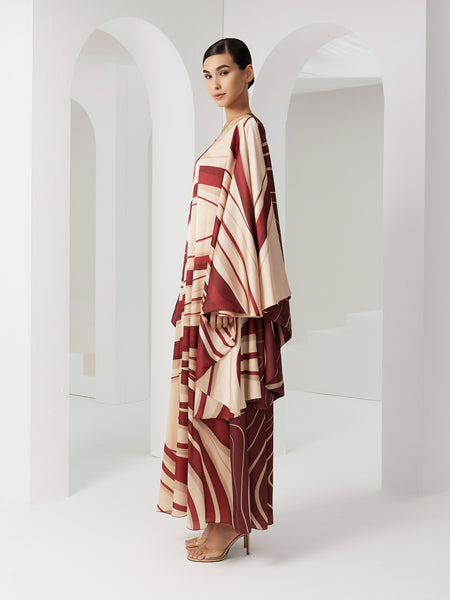 MULTI-PRINTED SATIN FLARED SLEEVE DRESS