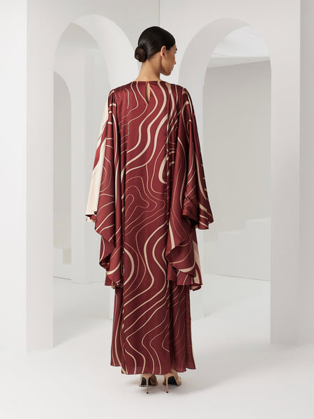 MULTI-PRINTED SATIN FLARED SLEEVE DRESS