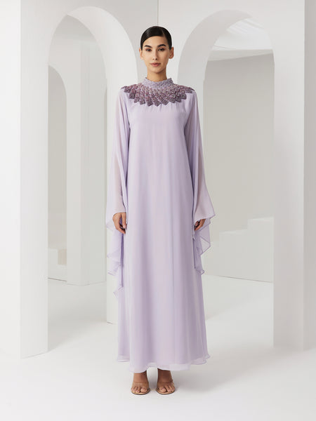 LILAC CHIFFON LOOSE-FIT HAND EMBROIDERED DRESS