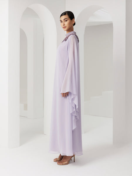 LILAC CHIFFON LOOSE-FIT HAND EMBROIDERED DRESS