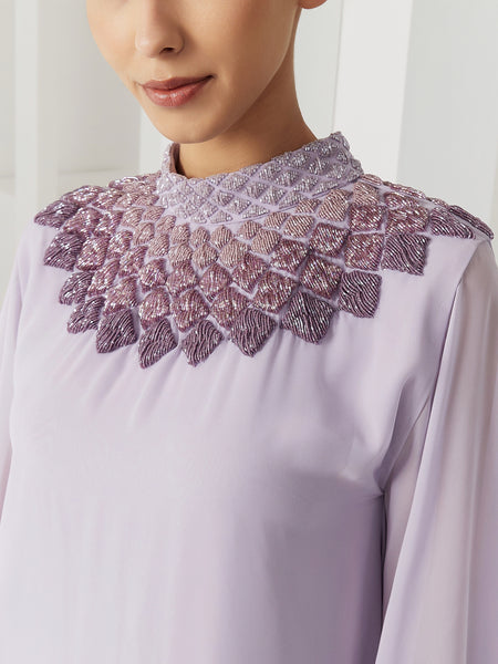 LILAC CHIFFON LOOSE-FIT HAND EMBROIDERED DRESS