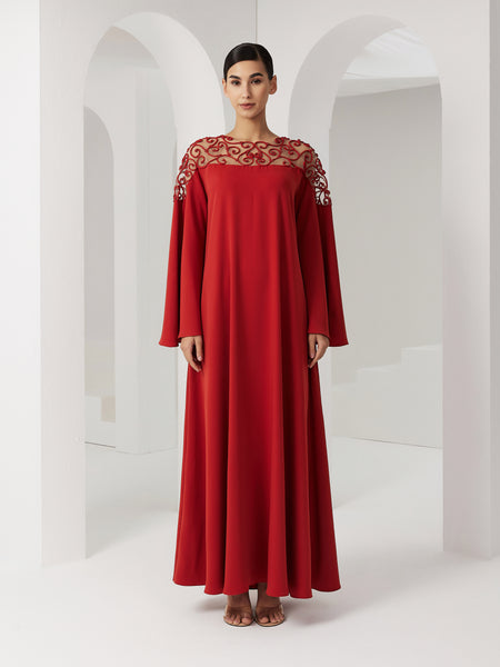 DEEP ORANGE CREPE LOOSE-FIT DRESS WITH PIPING EMBROIDERY