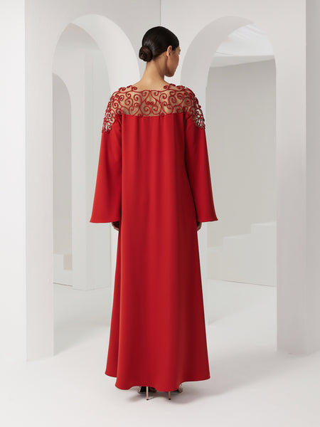 DEEP ORANGE CREPE LOOSE-FIT DRESS WITH PIPING EMBROIDERY