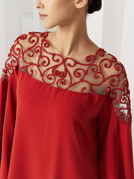 DEEP ORANGE CREPE LOOSE-FIT DRESS WITH PIPING EMBROIDERY