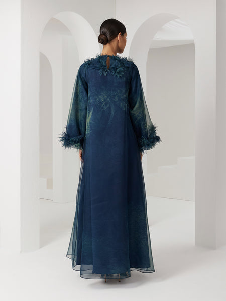 BLUE ORGANZA PRINTED LOOSE-FIT DRESS WITH LASER CUT FLOWERS