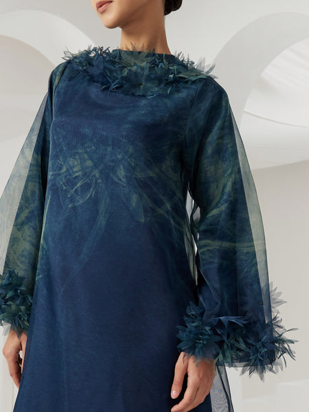 BLUE ORGANZA PRINTED LOOSE-FIT DRESS WITH LASER CUT FLOWERS