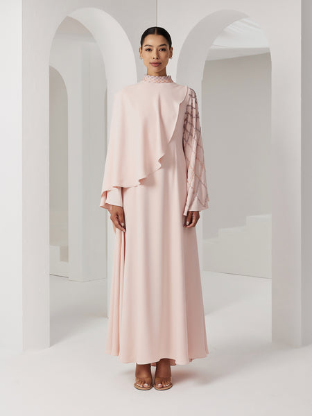 LIGHT PINK ASYMMETRIC OVERLAY SEMI-FITTED EMBROIDERED DRESS