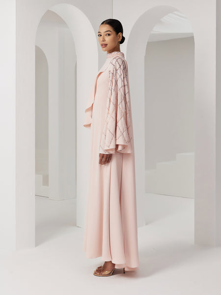 LIGHT PINK ASYMMETRIC OVERLAY SEMI-FITTED EMBROIDERED DRESS