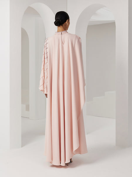 LIGHT PINK ASYMMETRIC OVERLAY SEMI-FITTED EMBROIDERED DRESS