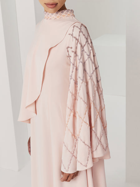 LIGHT PINK ASYMMETRIC OVERLAY SEMI-FITTED EMBROIDERED DRESS