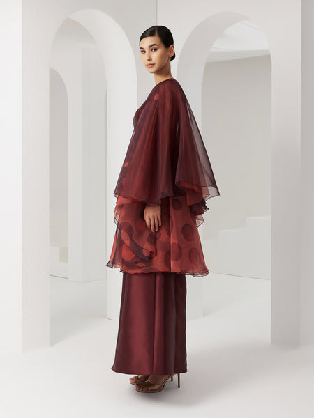 MAROON AND ORANGE PRINTED SEMI-FITTED EXAGGERATED SLEEVE DRESS